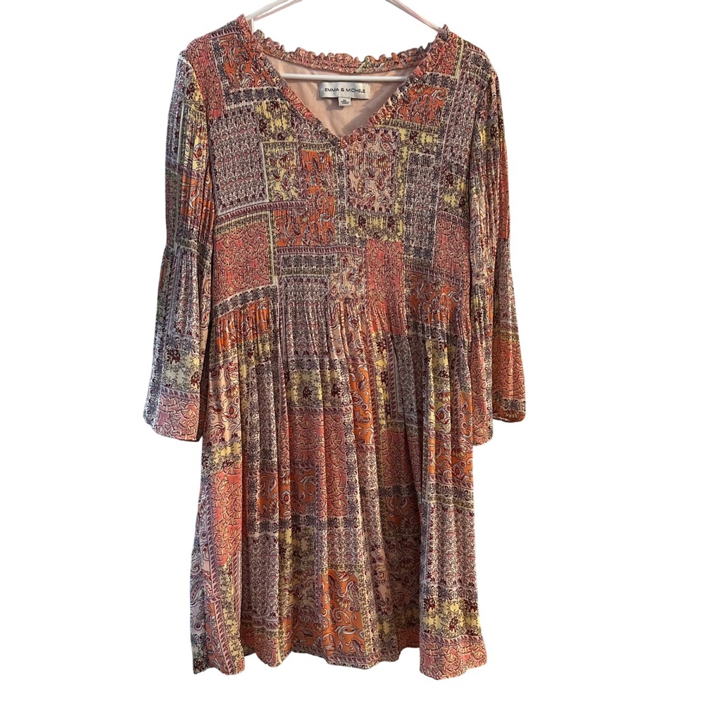 Emma & Michele Boho Patchwork Paisley Pleated Bell Sleeve Tunic Dress XL